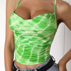Green Tie Dye Lace Up Back Halter Top